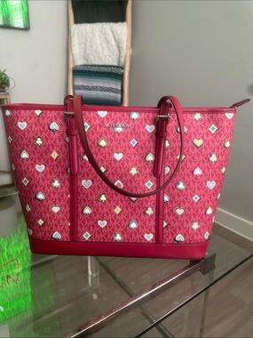 Michael Kors Red/Pink Heart Pattern Logo Tote